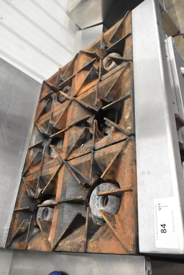 Vulcan SX36 stainless steel commercial gas range, 6 burners, oven, shelf, backsplash, 198,000 BTU, used condition.