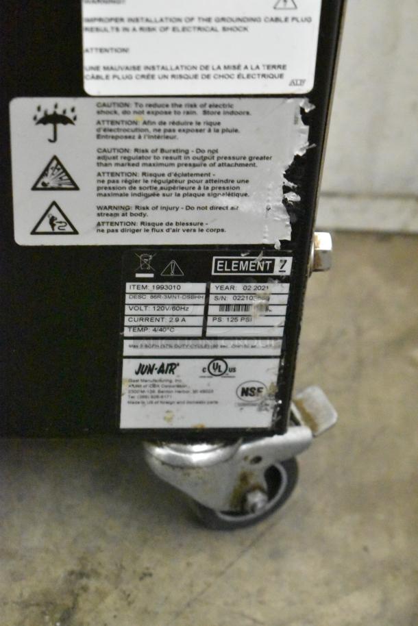 2021 Jun-Air 86R-3MN1-DSBHH Stainless Steel Nitrogen Generator, 120V, 1 Phase, on Commercial Casters with safety and spec labels.