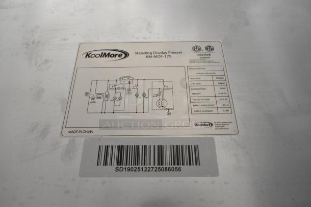 KoolMore KM-MDF-17S Metal Commercial Freezer label with specifications, model number, and barcode. 6.5 Cu. Ft. capacity.
