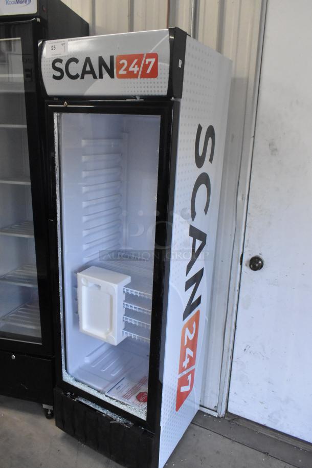 KoolMore MDR-9CP single door cooler with poly coated racks, broken glass noted, 115V, 1 phase, commercial use.