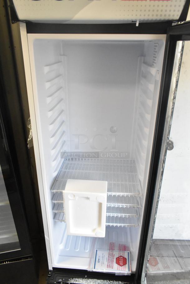 KoolMore MDR-9CP commercial fridge, single door, poly-coated racks, visible broken glass, 115V, 1 Phase, interior view.