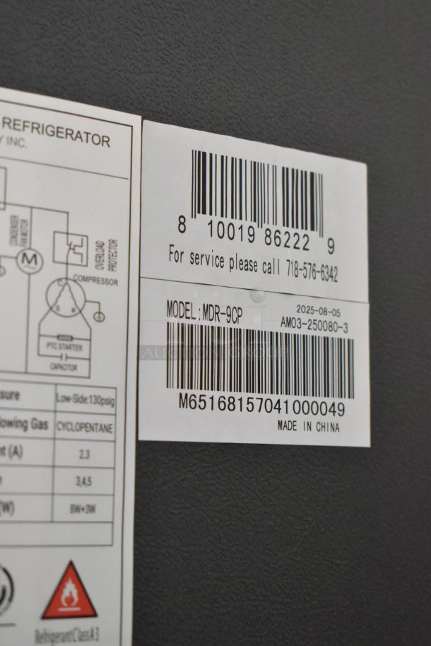 KoolMore MDR-9CP cooler labels showing model, barcode, and service number. Includes refrigerant details and "Made in China" text.