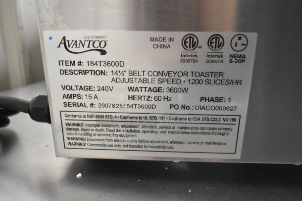 Avantco 184T3600D conveyor toaster label, 14.5" wide, 240V, 3600W, 1200 slices/hr, 3" opening, stainless steel, new condition.