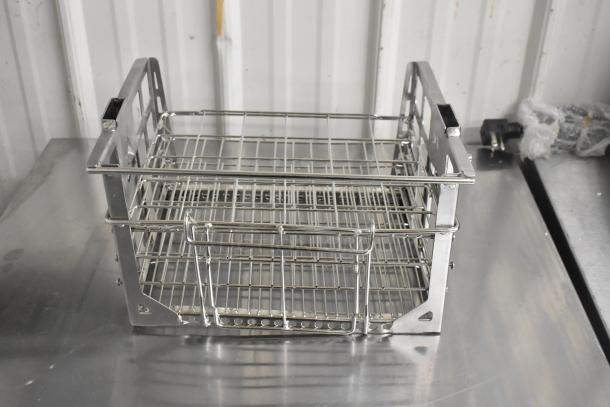 Stainless steel wire basket, new with minor scratches. Sturdy construction, ideal for storage or organization.