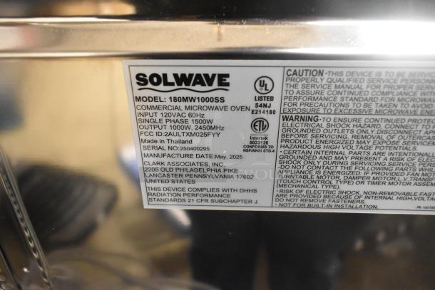 2025 Solwave 180MW1000SS stainless steel commercial microwave, brand new, scratch and dent, push button controls, 120V.