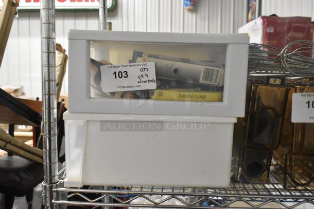 Four clear and white poly bins with various contents, labeled "103 QTY x4 w/contents" for auction.