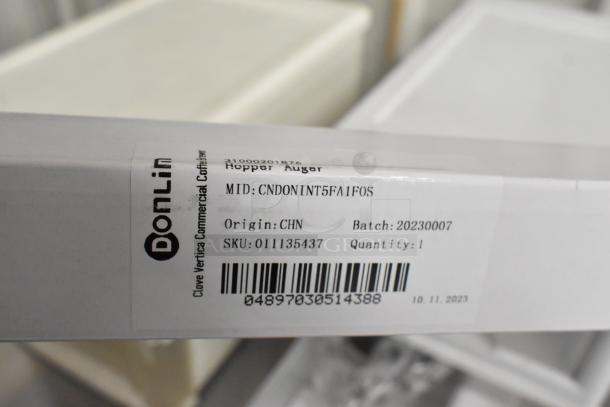 4 clear and white poly bins with contents, featuring a Donlim label showing MID: CNDONINT5FA1FOS, origin: CHN, SKU: 011135437.