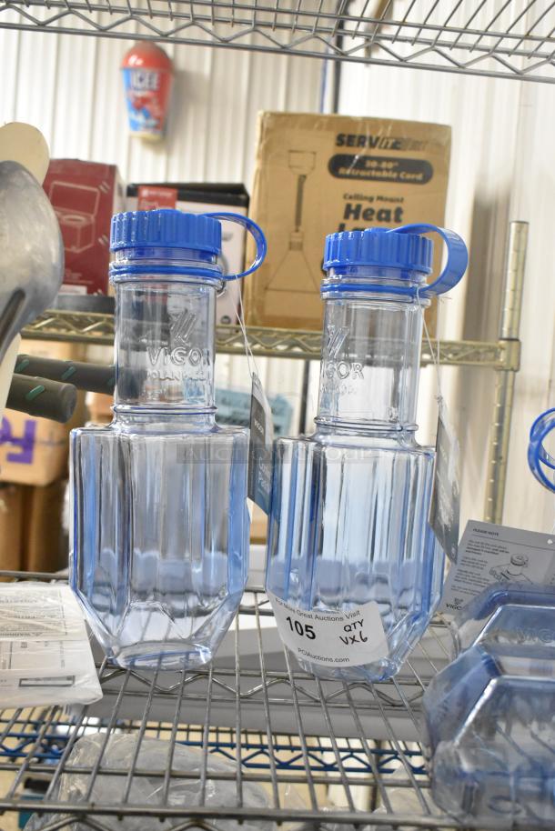 Six blue Vigor Poly Rapid Cool bottles with drip tray. Features blue lids, clear bodies with Vigor branding. Quantity tag: QTY 6.