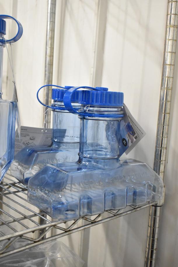 Six blue Poly Rapid Cool bottles with screw caps, embossed markings, and attached tags on a metal shelf.