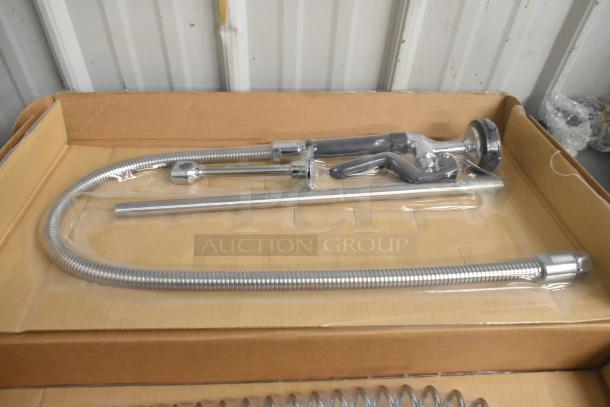 BRAND NEW 600PRD8X Regency 1.15 GPM deck-mounted pre-rinse faucet with 8" centers, 44" hose; scratch and dent condition.