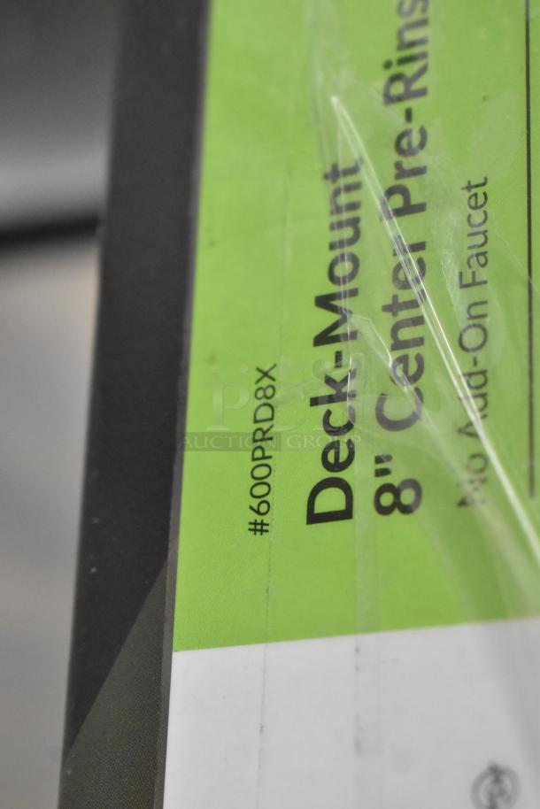 Regency 600PRD8X pre-rinse faucet label, 1.15 GPM, 8-inch centers, 44-inch hose, scratch and dent condition, new.