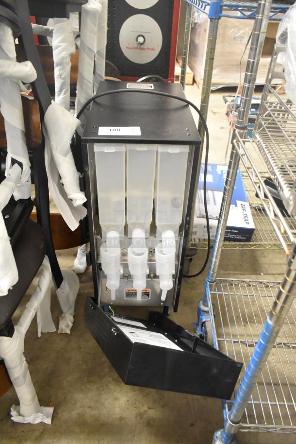 BRAND NEW 2025 Bunn FMD-3 Metal Cappuccino Machine, 3 Hoppers, 120V, Scratch and Dent. Factory labels visible.