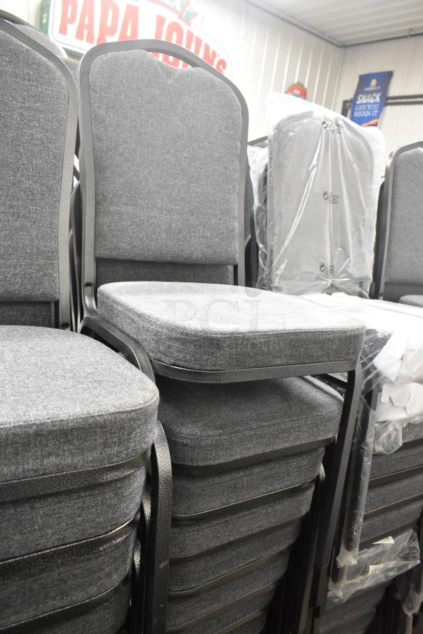 Gray fabric crown back stackable banquet chairs, silver vein frame, brand new condition, Lancaster Table & Seating.