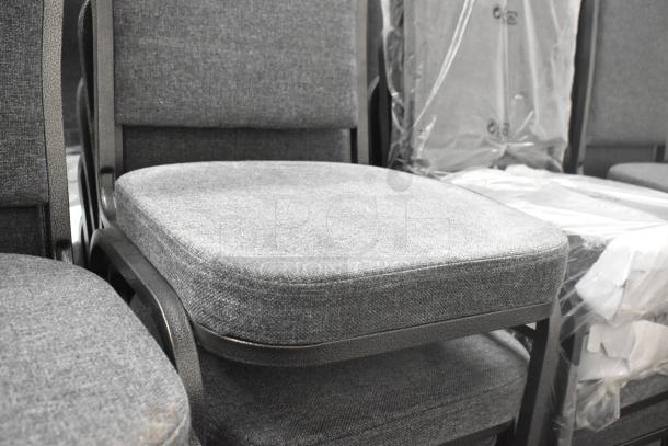 Stackable banquet chair, gray fabric, silver vein frame, scratch and dent condition, Lancaster Table & Seating brand.