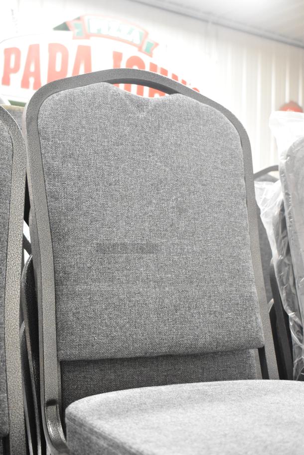Brand new Lancaster Table & Seating stackable banquet chair, gray fabric, silver vein frame, scratch and dent condition.