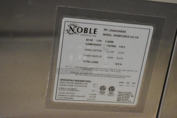 Noble Wareforce CG-115 stainless steel glass washer, brand new with scratches and dents. Specs: 115V, 1 phase, carousel type.