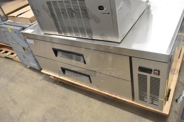 Brand new Avantco 178CBE52HC stainless steel chef base, 2 drawers, 115V, 1 phase, minor scratches and dents visible.