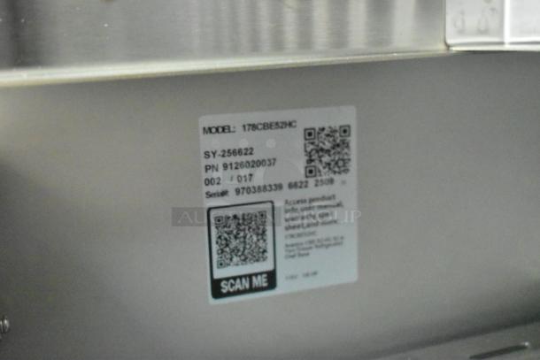Label on Avantco 178CBE52HC chef base indicating model, serial number, and QR codes for product access.