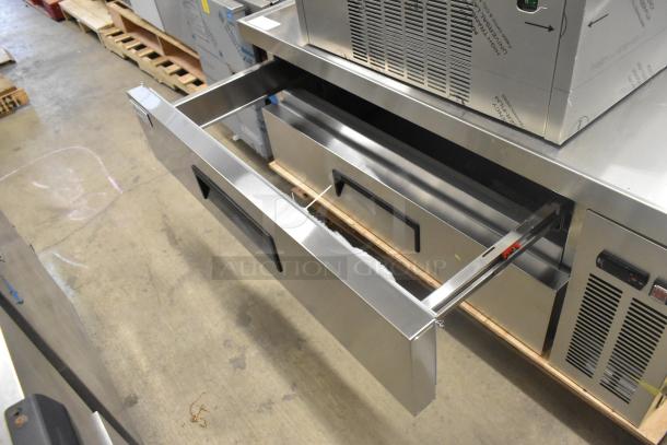 Brand new Avantco 178CBE52HC stainless steel 2-drawer chef base, 115V, showing slight scratches and dents.