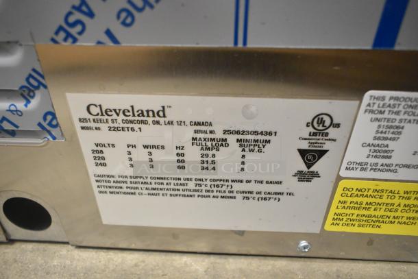 Cleveland 22CET6.1 SteamChef stainless steel steam cabinet label, 208V, 3-phase, UL listed; new scratch and dent condition.