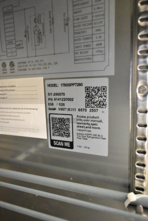 Tags on Avantco 178SSPPT260 pizza prep table showing model, serial number, QR codes for product info, and electrical specs.