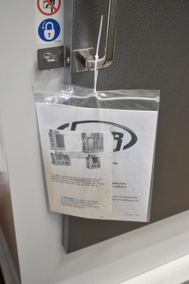 Brand new 2025 Leer L030UCSP 36" outdoor ice merchandiser. Includes manual and labels attached to galvanized steel door. 115V, 1-phase.