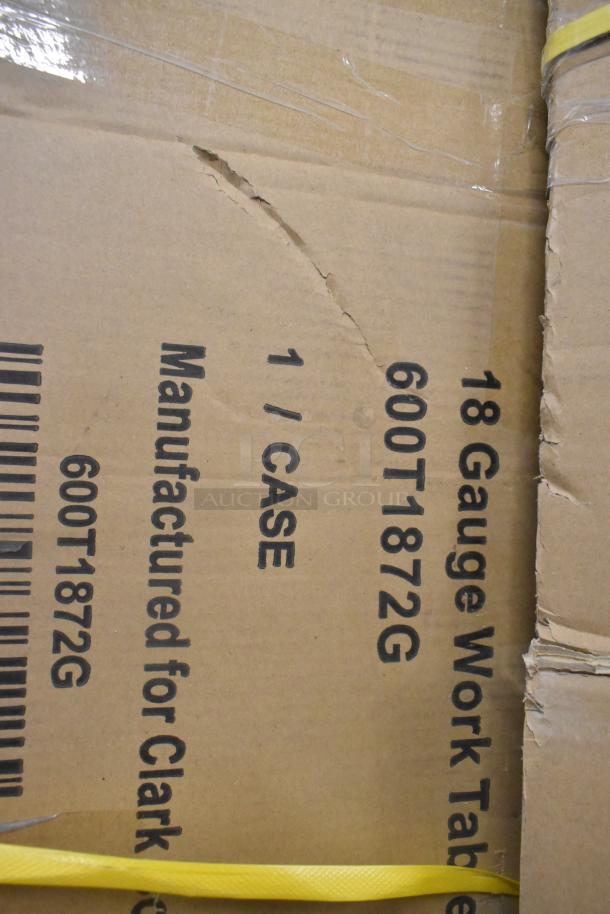 Cardboard box labeled "18 Gauge Work Table," marked "1/Case" and "600T1872G," showing some damage.