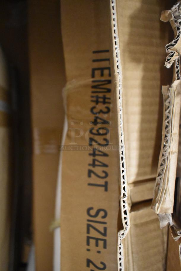 Cardboard box with "ITEM#3492442T SIZE" marking. Contains brand new scratch and dent items: shelf, table, tabletop.