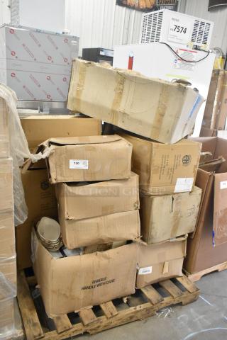 Boxes of brand new scratch and dent ceramic casserole dishes and BNRB20 Nestable Baskets on a pallet, some boxes damaged.