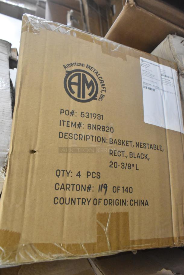 Cardboard box labeled "American Metalcraft, Inc.," containing BNRB20 nestable baskets, described as rectangular, black, 20-3/8" long, quantity: 4 pieces per carton, made in China.