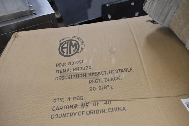 Cardboard box labeled with "American Metalcraft Inc.," item BNRB20, containing 4 black, rectangular, nestable baskets, 20-3/8" long.