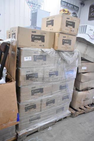 WaveTrends 1309-BK 9" saucers, brand new, in original boxes, stacked on a pallet, labeled for auction as 34 times your bid.
