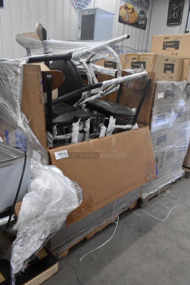 14 brand new black metal chairs with wooden backrests and cushioned seats. Includes dining and bar height.