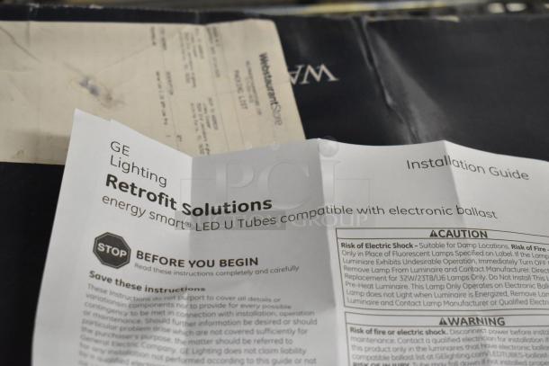 "GE LED13ET8/U6/840 LED U-Tube Installation Guide displayed, featuring retrofit solutions and safety instructions."