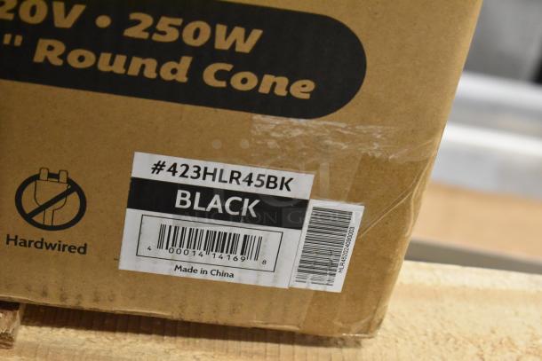 Box of ServIt 423HLR45BK Heat Lamp with black finish; features 120V, 1 phase, retractable cord, and round cone shade.