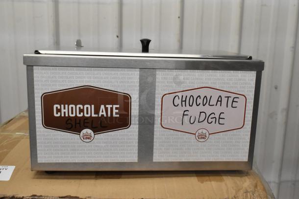 Brand new Carnival King 3 Qt. Double Cone Dip Warmer, with "Chocolate Shell" and "Chocolate Fudge" labels, 120V, 1 Phase.