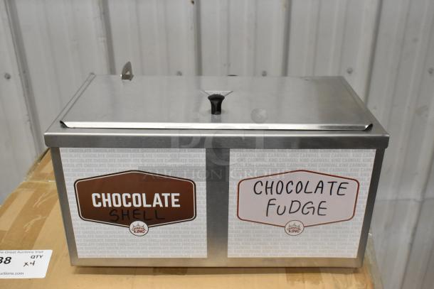 Brand new scratch and dent Carnival King 382CDPW2 double cone dip warmer, 3 Qt, 120V, labeled "Chocolate Shell" and "Chocolate Fudge."