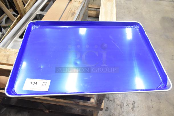 7 new scratch and dent Choice 407BUNFULL full-size 18"x26" 19-gauge wire rim aluminum bun pans. Auction tag visible.