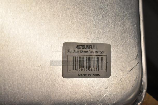Choice 407BUNFULL full-size sheet pan, 18"x26", 19-gauge aluminum. "Made in India" label visible, scratch and dent condition.
