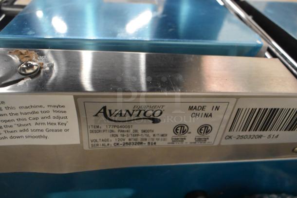 Brand new Avantco 177PG400ST stainless steel dual panini grill, smooth plates, minor scratches, 19 5/8" x 9 1/8".