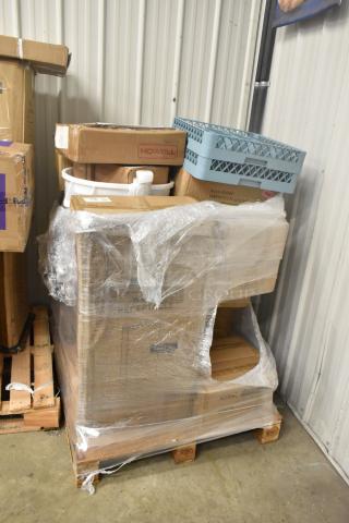 Pallet with 18 new scratch and dent items, including Cambro Go Bag, ingredient bin, and trash can. Wrapped in plastic.