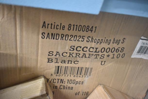 Cardboard box with labels citing Article 81100841, SANDRO2025 Shopping bag, SCCCL00068 Sackrafts. Contains 100 pcs, made in China.