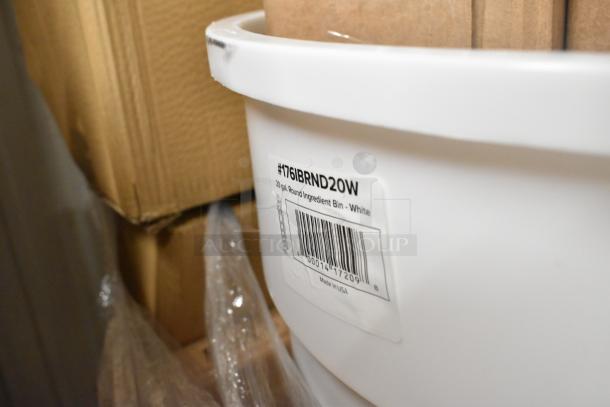 White 20-gallon round ingredient bin with label #176IBRND20W, scratch and dent condition, made in USA.
