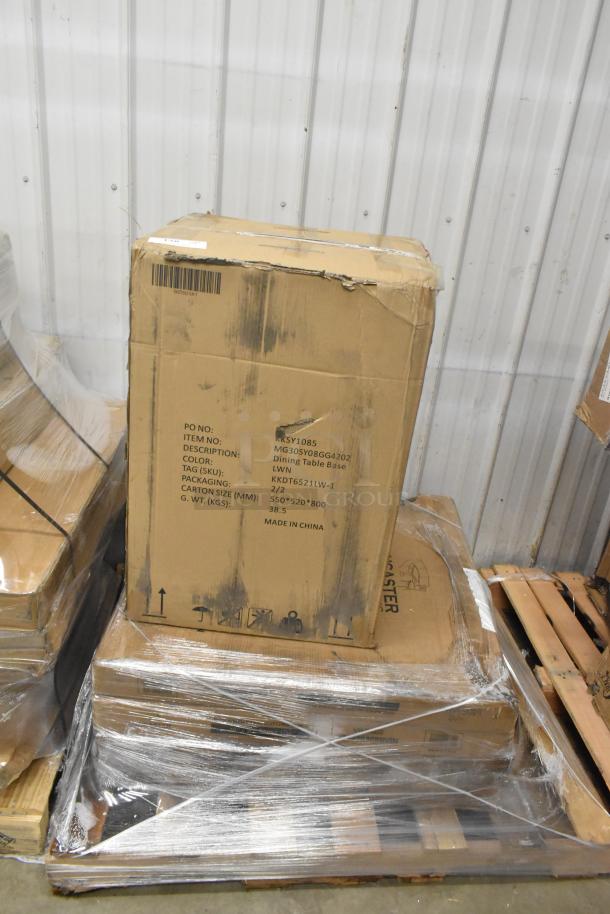 Cardboard box containing MG30SY08GG4202 dining table base, marked with item details and dimensions, slight wear visible.