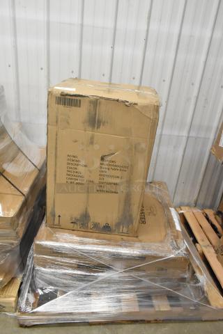 Cardboard box containing MG30SY08GG4202 dining table base, marked with item details and dimensions, slight wear visible.