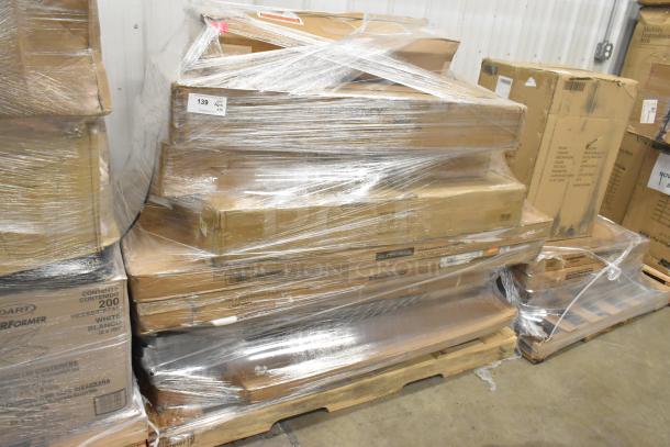 14 scratch and dent items including wire shelves and butcher block tabletop, wrapped on a pallet, labeled with item 139.