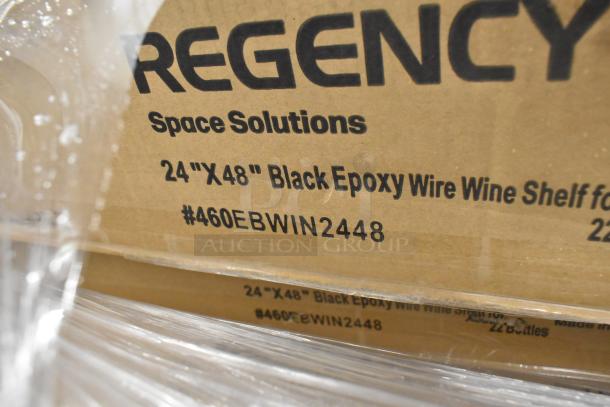 Regency 24"x48" black epoxy wire shelves in new condition, labeled #460EBWIN2448, partially obscured by packing material.