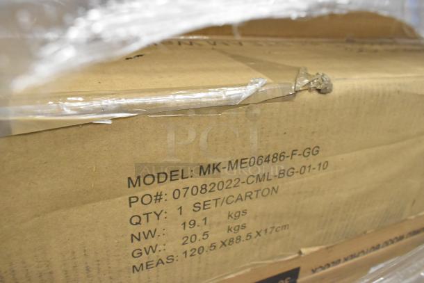 Cardboard box with model MK-ME06486-F-GG, showing packaging details and measurements for scratch and dent items.