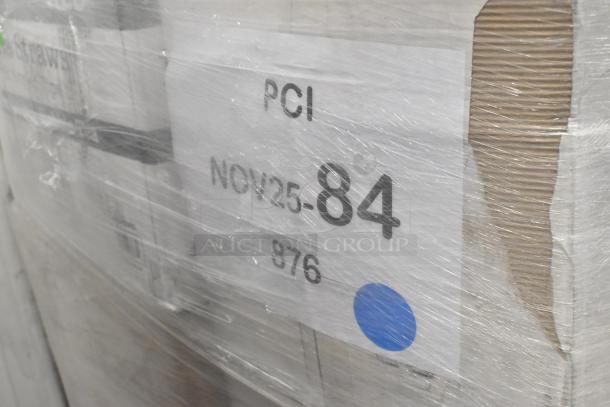 Plastic-wrapped pallet labeled "PCI NOV25-84," containing 24 brand new scratch and dent items like bags, straws, and cups.