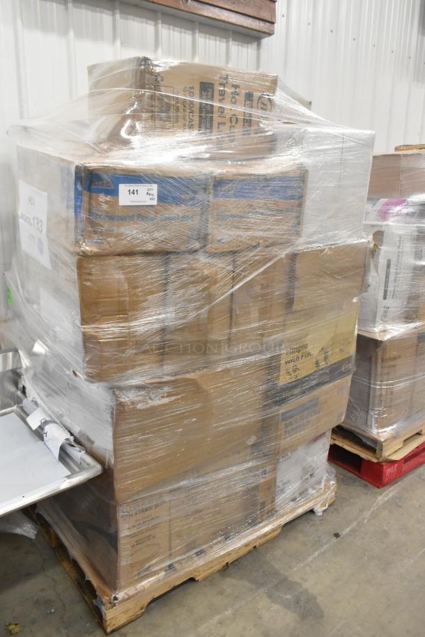 Pallet with 32 brand new scratch and dent items wrapped in plastic, including lids, towels, and cups. Boxes labeled "portion cups" and "towels."